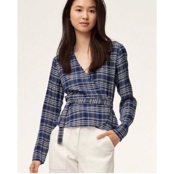 Aritzia Wilfred Free Blue and White Shannon Plaid Wrap Top Size XS - Picture 1 of 7